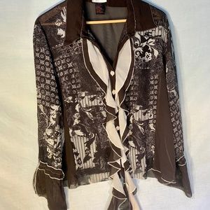 LAURA Brand Ruffle Sheer Brown and Cream Colored Blouse